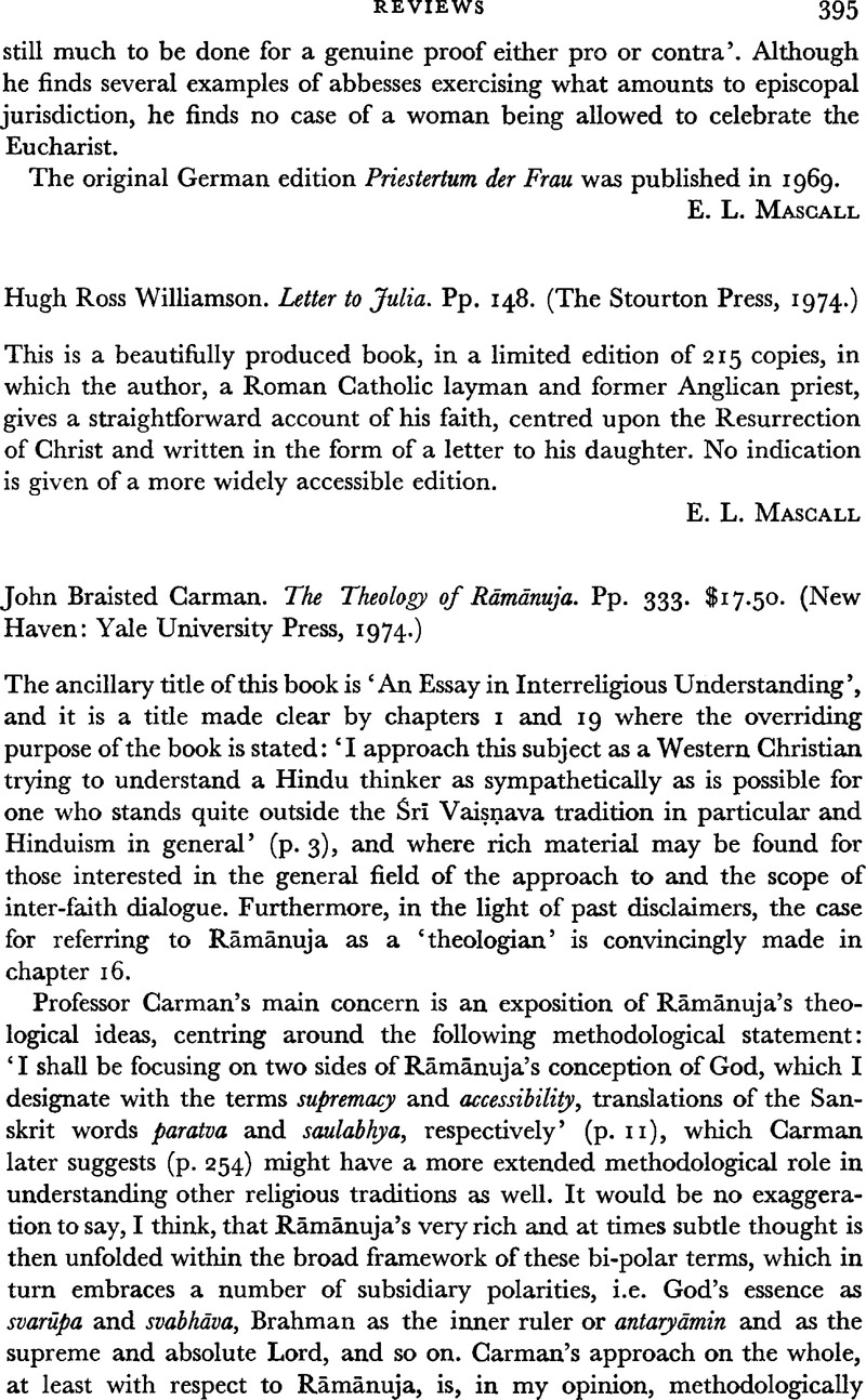 John Braisted Carman. The Theology Of Rāmānuja. Pp. 333. $17.50. (new 