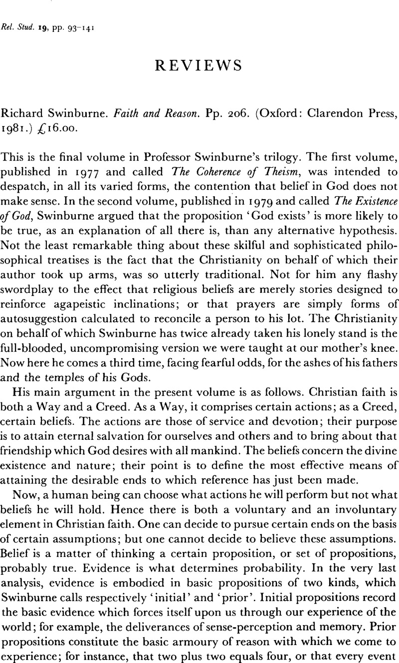 Richard Swinburne. Faith and Reason. Pp. 206. (Oxford: Clarendon Press ...