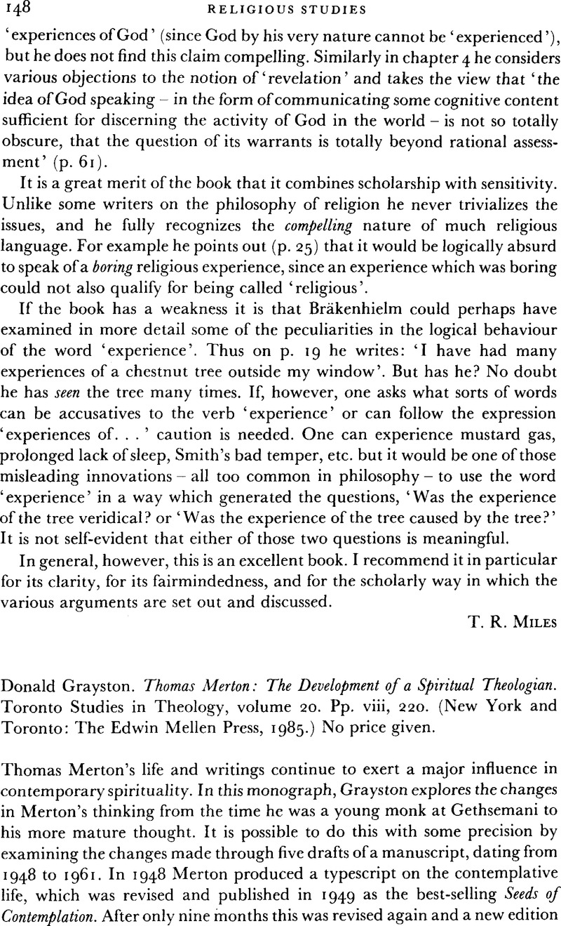 Donald Grayston. Thomas Merton: The Development of a Spiritual ...