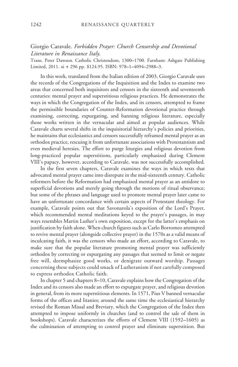 Forbidden Prayer: Church Censorship and Devotional Literature in Renaissance Italy