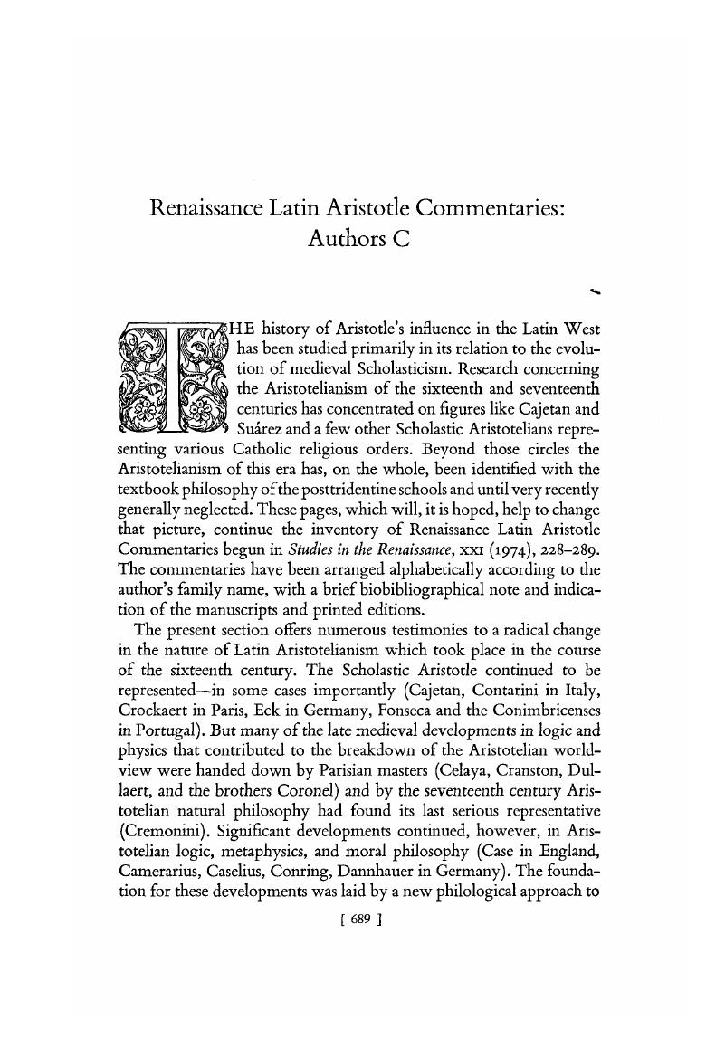 Renaissance Latin Aristotle Commentaries Authors C Renaissance