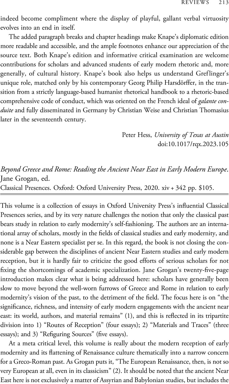 Beyond Greece and Rome Reading the Ancient Near East in Early Modern Europe. Jane Grogan, ed