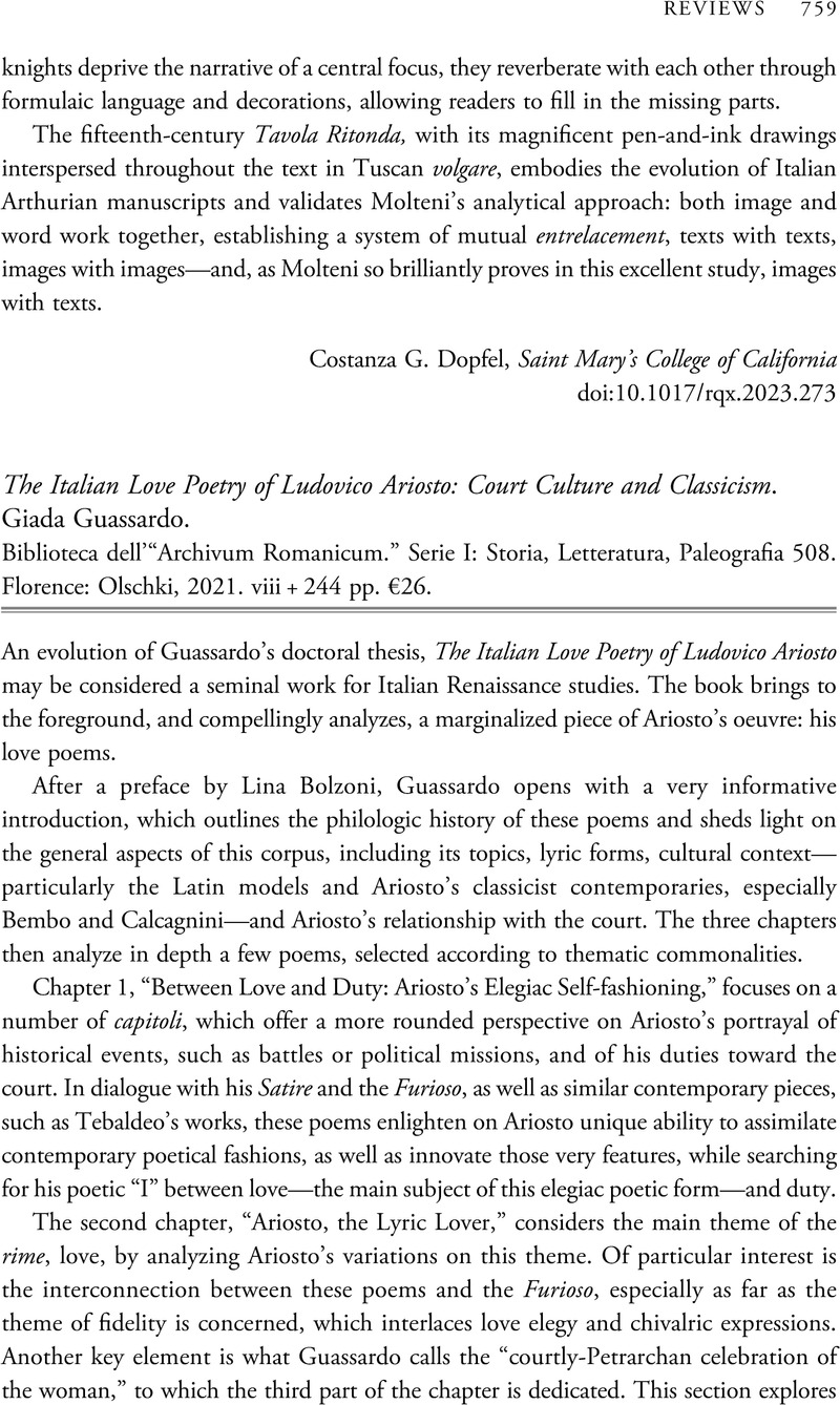 The Italian Love Poetry of Ludovico Ariosto Court Culture and