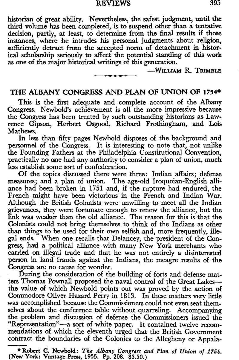 The Albany Congress And Plan Of Union Of 1754 - * Robert C. Newbold 