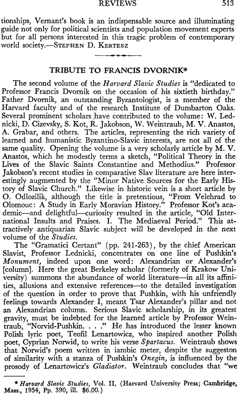 Tribute To Francis Dvornik - * Harvard Slavic Studies, Vol. II ...