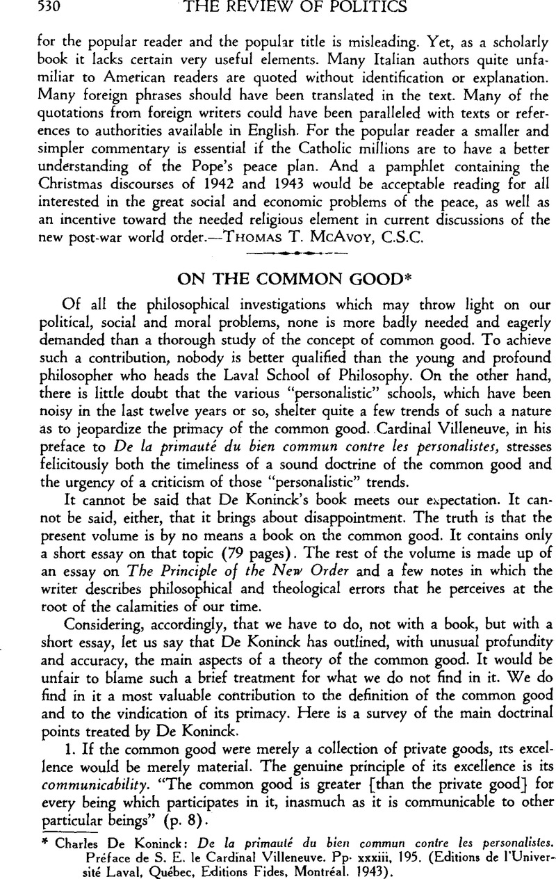 On The Common Good - *charles De Koninck: De La Primaulé Du Bien Commun 