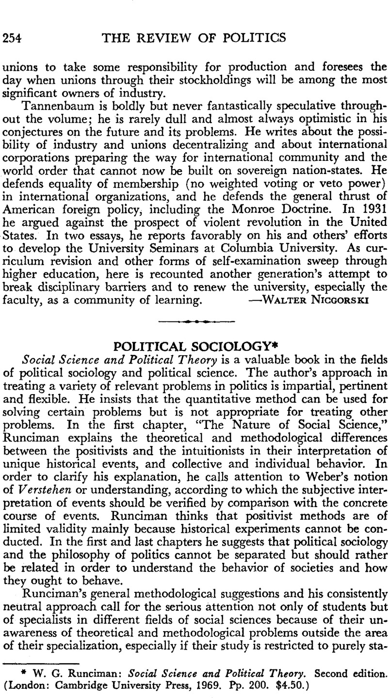 Political Sociology - *W. G. Runciman: Social Science and