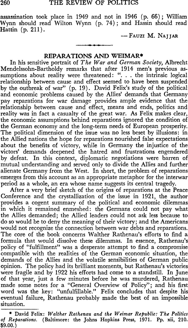 Reparations and Weimar - *David Felix: Walther Rathenau and the Weimar ...