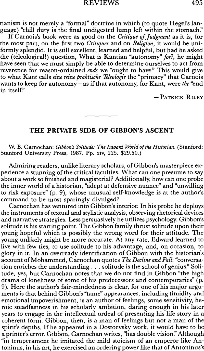 The Private Side of Gibbon's Ascent - W. B. Carnochan: Gibbon's
