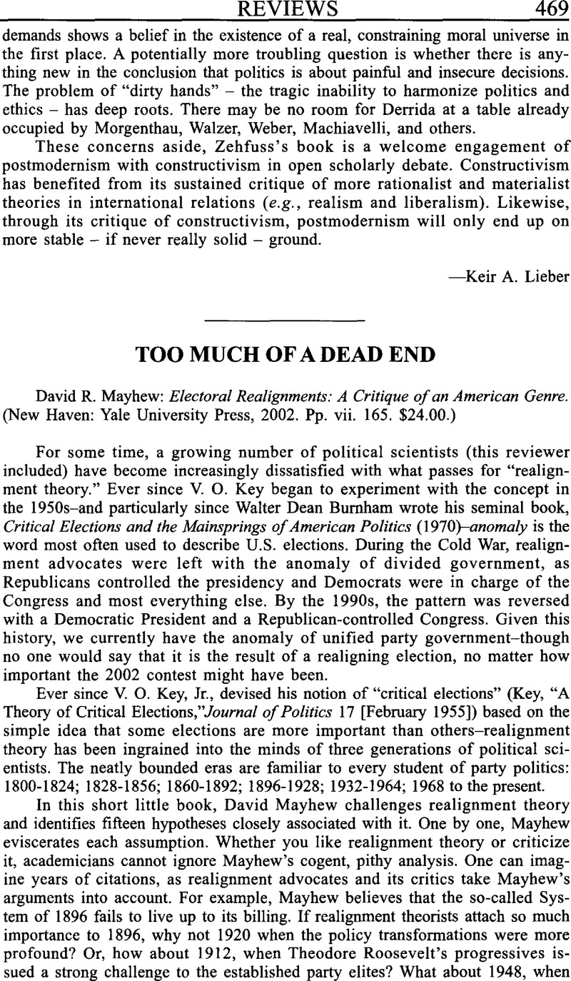 Too Much Of A Dead End - David R. Mayhew: Electoral Realignments: A ...