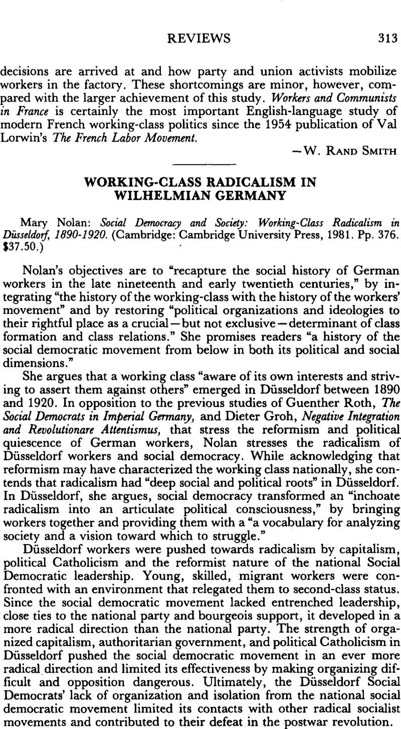 Social democracy and society - Working-class radicalism in Dusseldorf, 1890-1920
