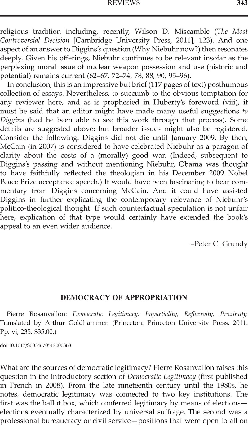 Democratic Legitimacy: Impartiality, Reflexivity, Proximity