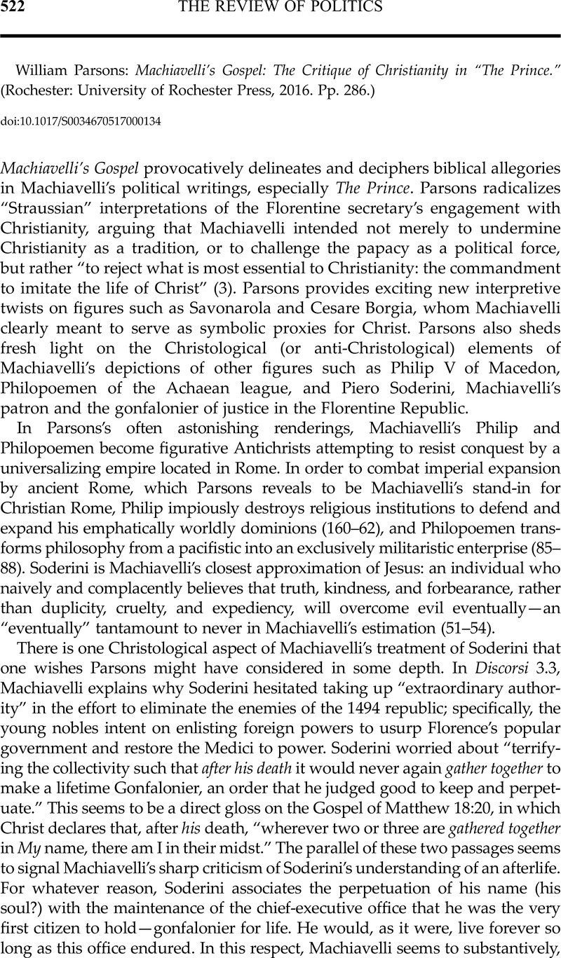 William Parsons : Machiavelli's Gospel: The Critique of Christianity in ...