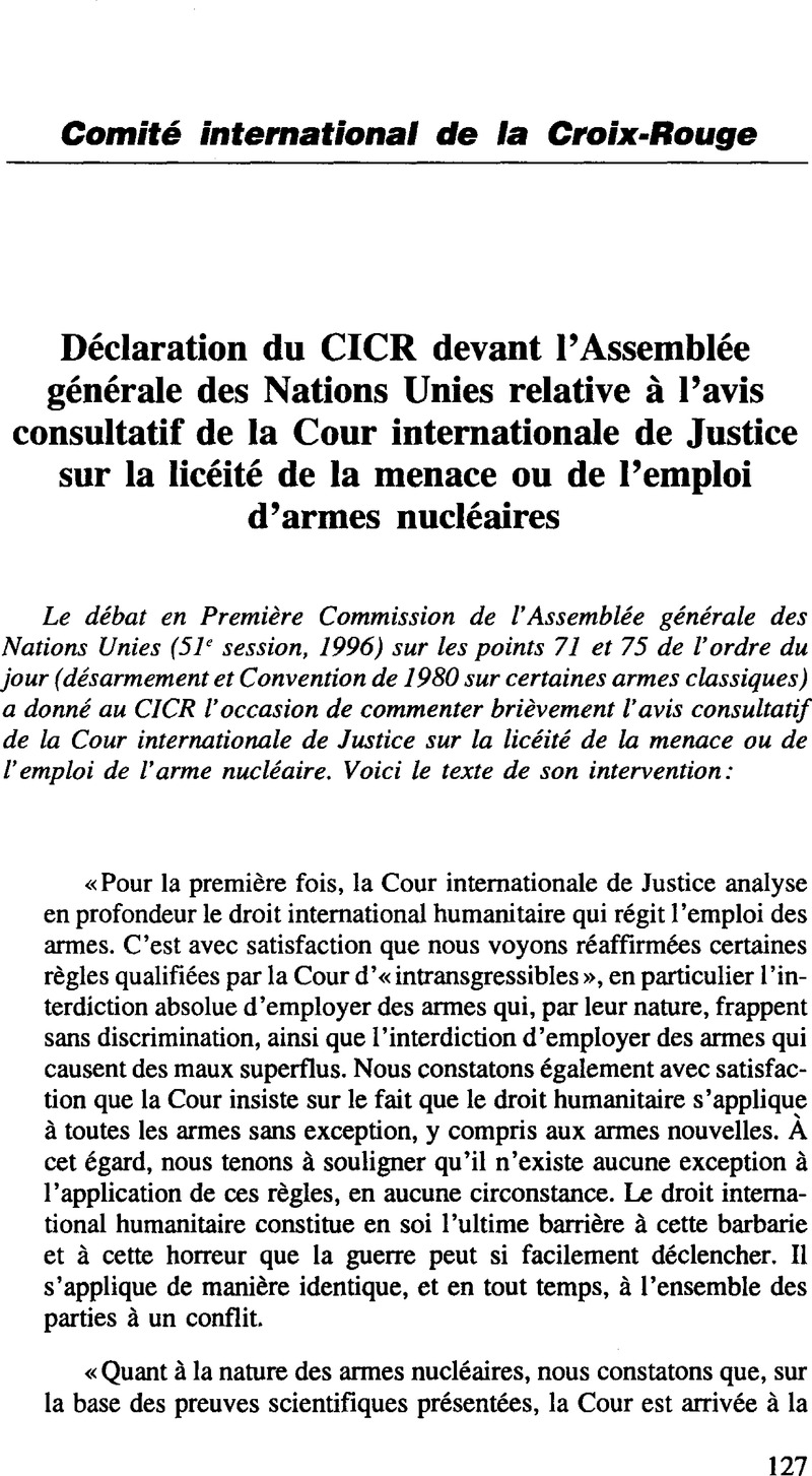 Déclaration du CICR devant l'Assemblée générale des Nations Unies ...