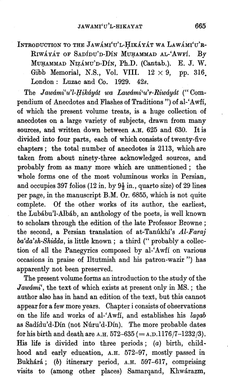 Introduction To The Jawámi‘ul Ḥikáyát Wa Lawámi‘ur Riwáyát Of Sadídud Dín Muḥammad Al Awfí