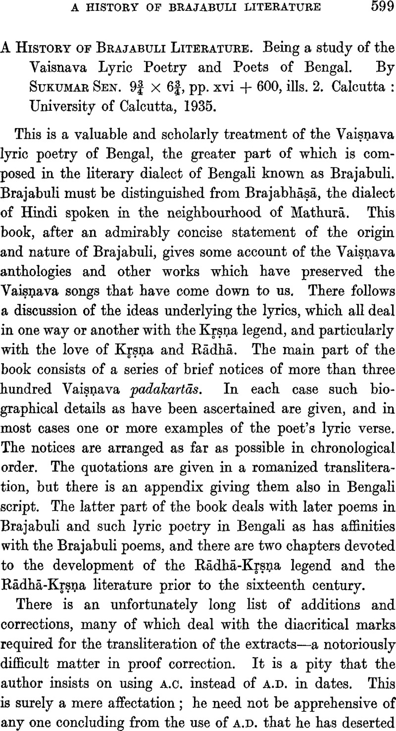 A History Of Brajabuli Literature Being A Study Of The Vaisnava Lyric 