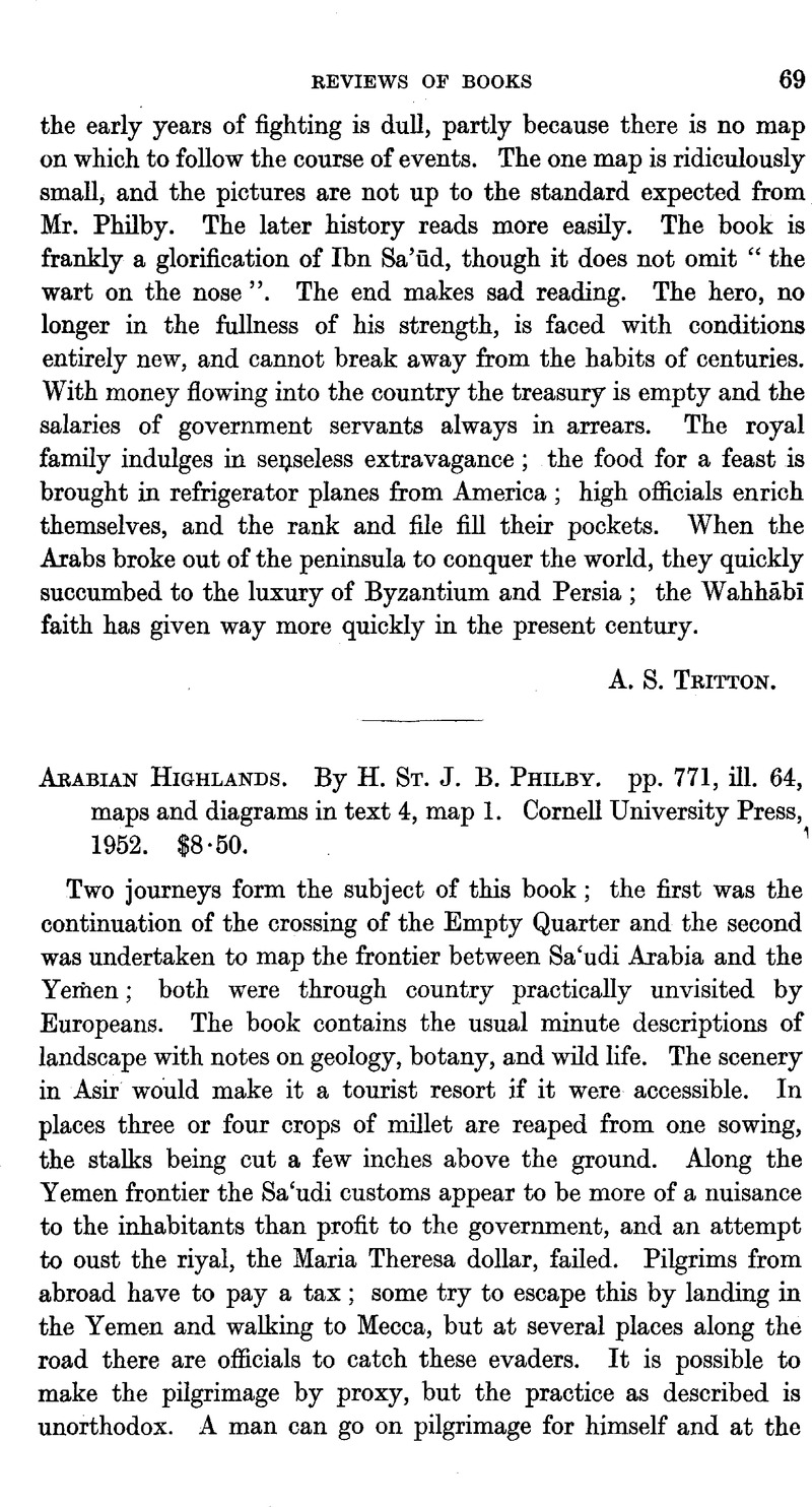 Arabian Highlands. By H. St. J. B. Philby. pp. 771, ill. 64, maps and ...