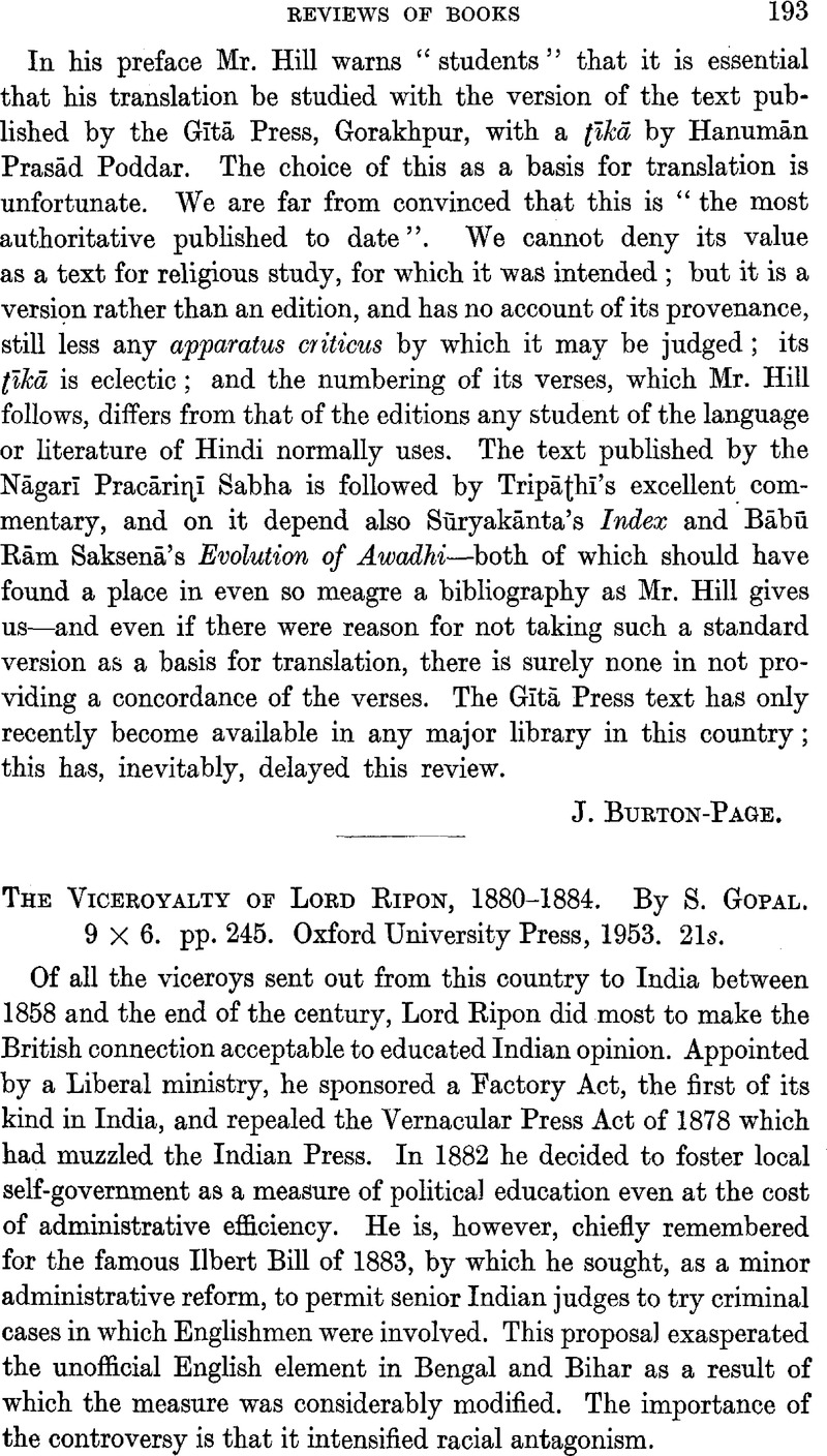 The Viceroyalty of Lord Ripon, 1880–1884. By S. Gopal. 9 × 6. pp. 245 ...