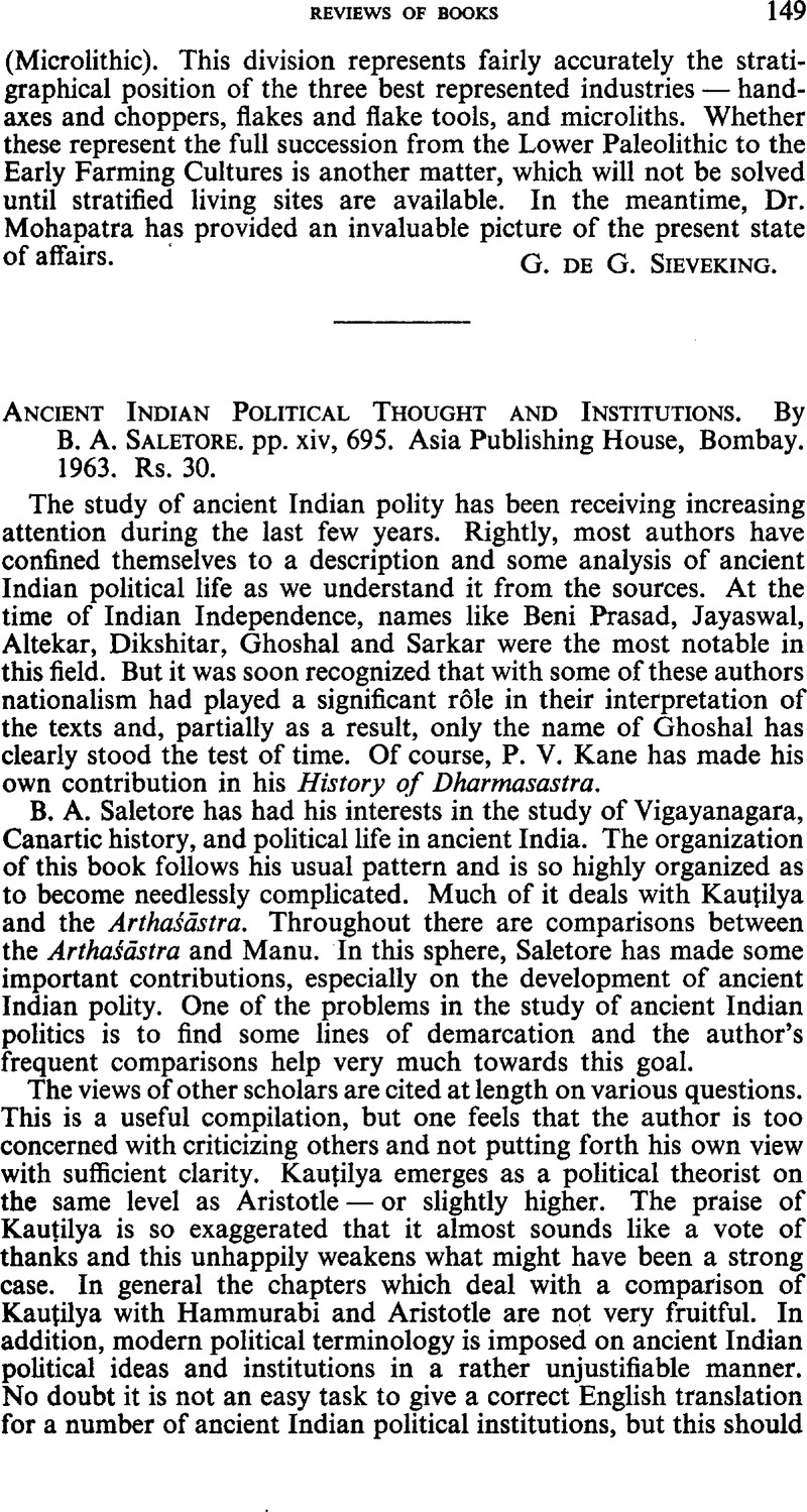 Ancient Indian Political Thought and Institutions. By B. A. Saletore ...