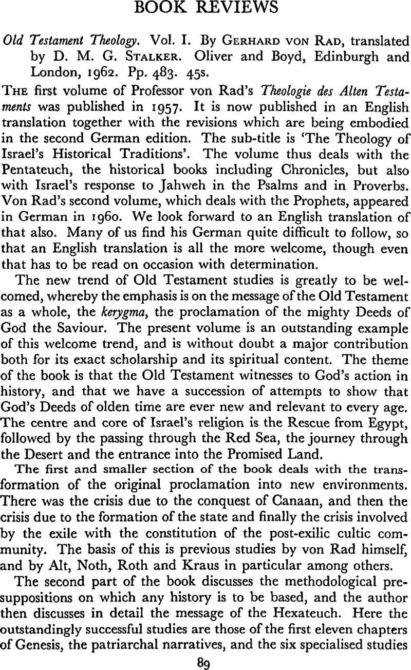 Old Testament Theology Vol I By Gerhard Von Rad Translated By D M G Stalker Oliver And 