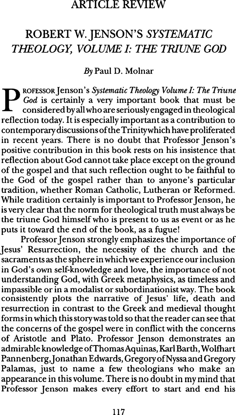 Robert W Jensons Systematic Theology Volume I The Triune God