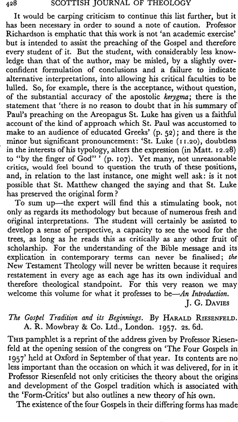 The Gospel Tradition and its Beginnings. By Harald Riesenfeld. A. R ...