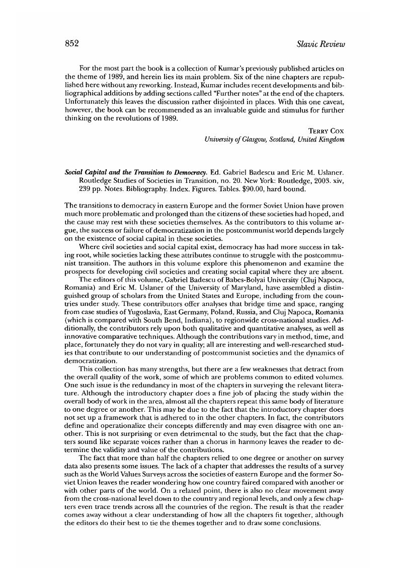 Social Capital and the Transition to Democracy