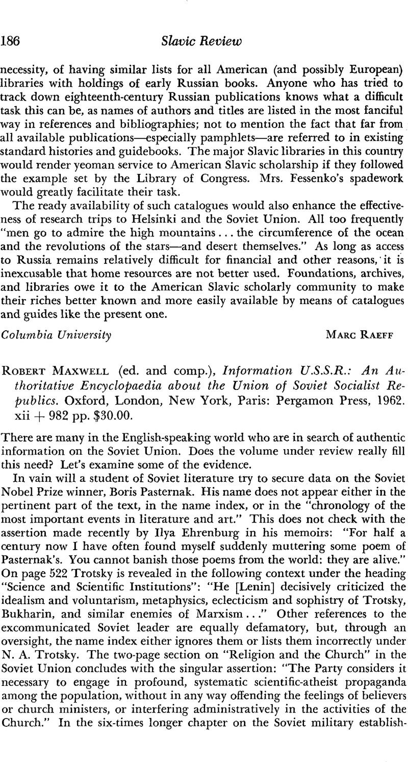 Robert Maxwell (ed. and comp.), Information U.S.S.R.: An Authoritative ...