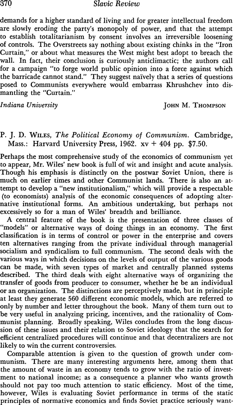 P. J. D. Wiles, The Political Economy of Communism. Cambridge, Mass ...