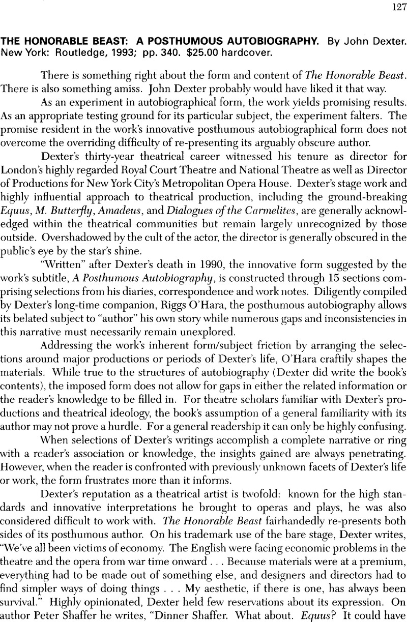 The Honorable Beast a Posthumous Autobiography. By John Dexter. New