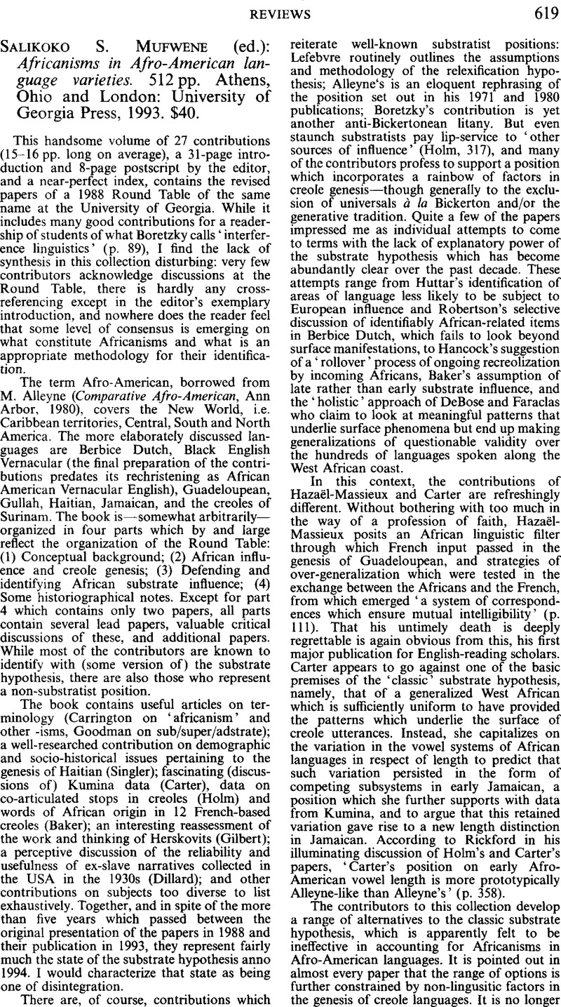 Salikoko S. Mufwene (ed.): Africanisms in Afro-American language ...