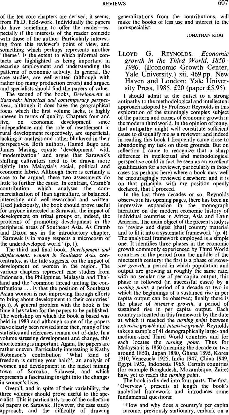 Lloyd G. Reynolds: Economic growth in the Third World, 1850-1980 ...