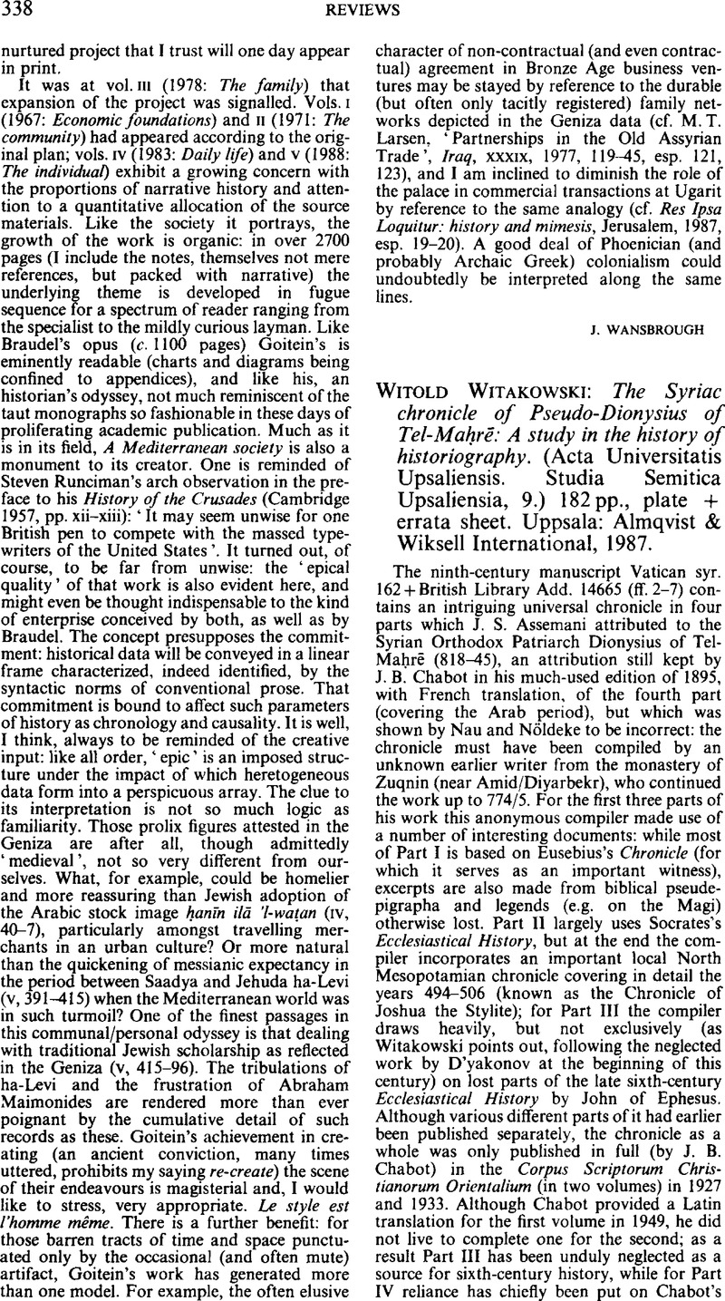 Witold Witakowski: The Syriac chronicle of Pseudo-Dionysius of Tel
