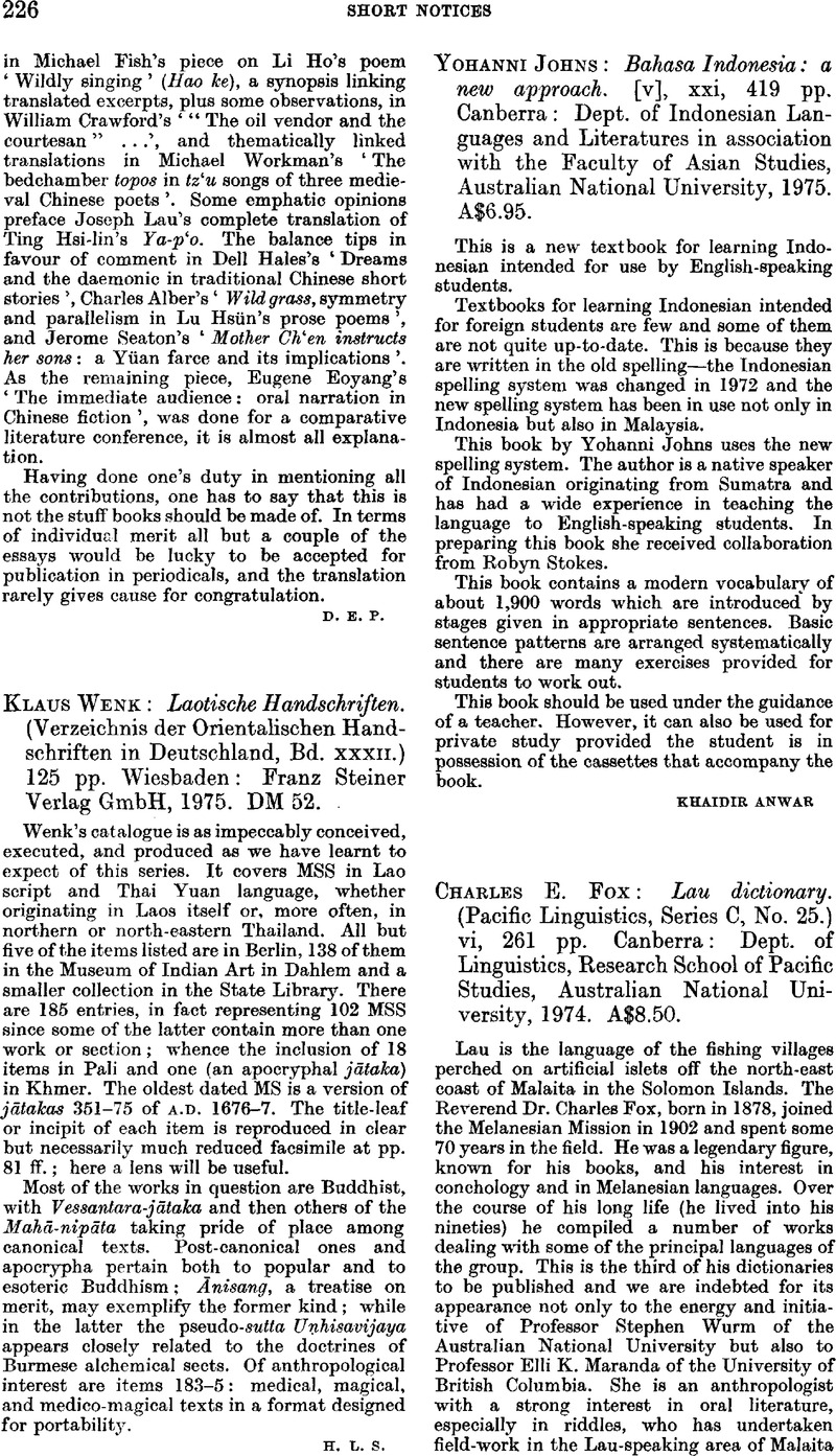 Charles E. Fox: Lau dictionary. (Pacific Linguistics, Series C, No. 25 ...