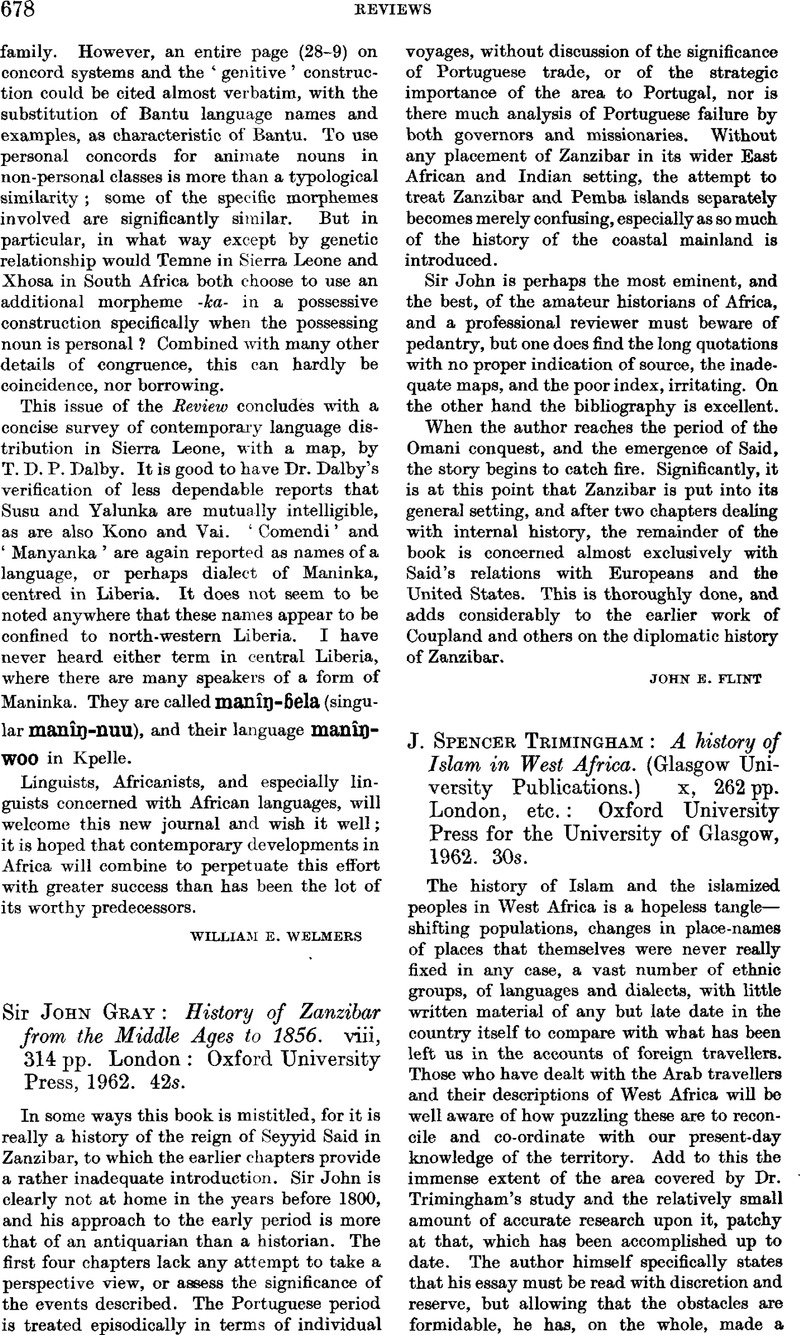 J. Spencer Trimingham: A history of Islam in West Africa. (Glasgow ...