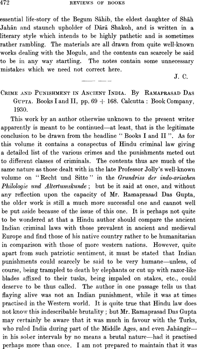 Crime And Punishment In Ancient India. By Ramaprasad Das Gupta. Books I ...