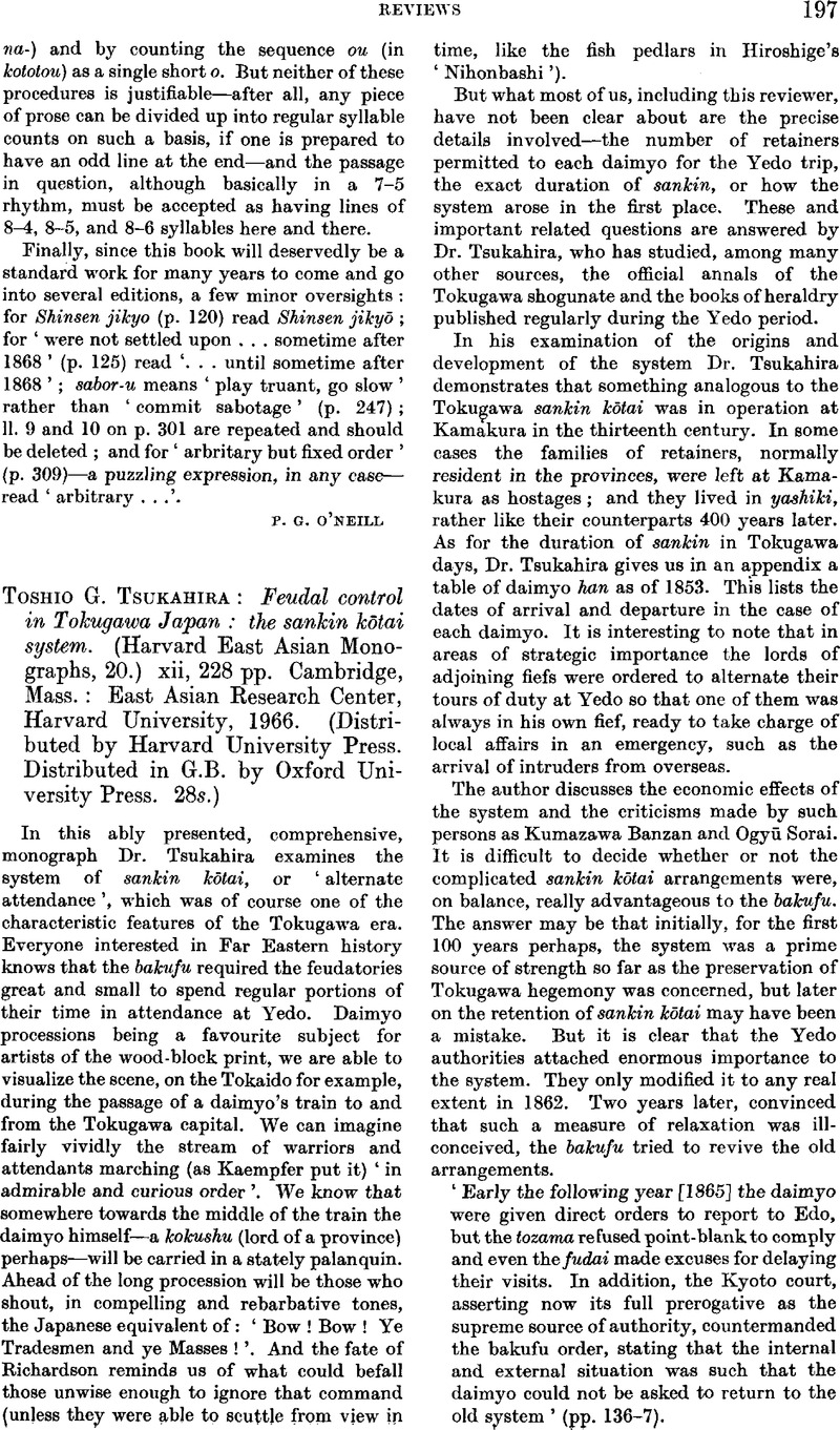 Toshio G. Tsukahira: Feudal control in Tokugawa Japan: the sankin kōtai ...