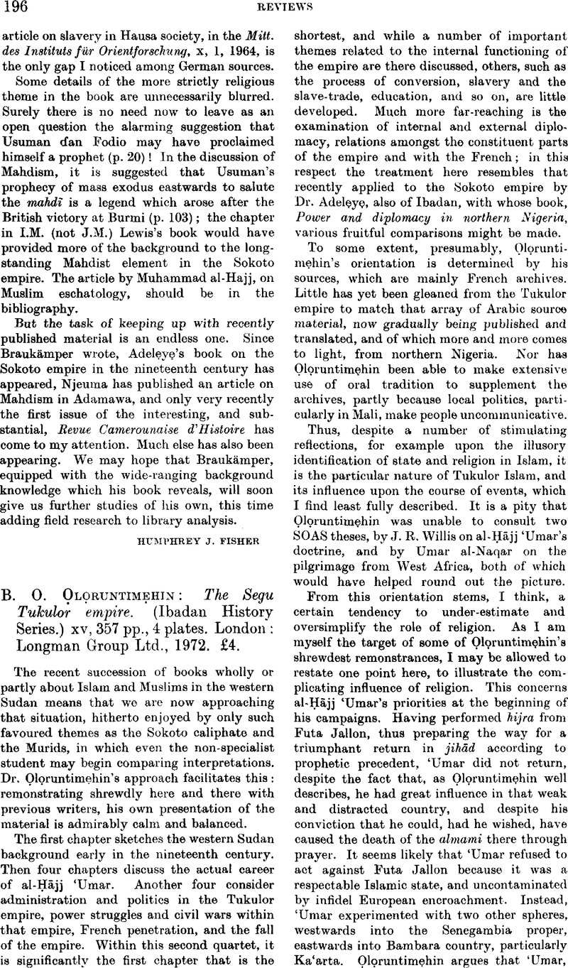 B. O. Ọlọruntimẹhin: The Segu Tukulor empire. (Ibadan History Series ...
