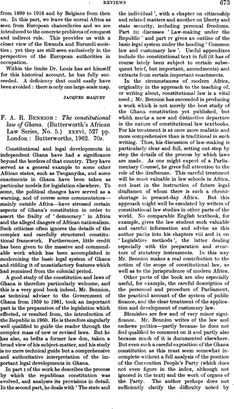 F. A. R. Bennion: The Constitutional Law Of Ghana. (Butterworth's ...