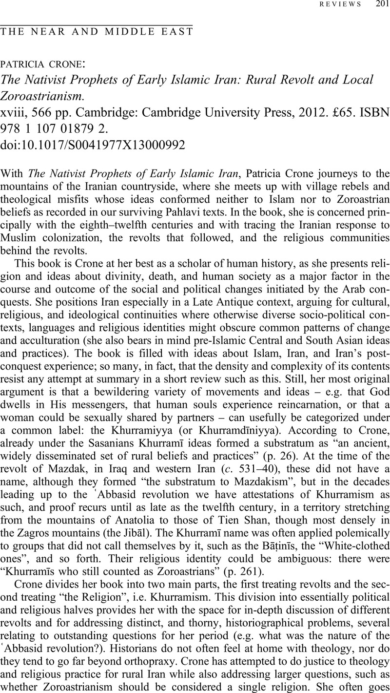 Patricia Crone: The Nativist Prophets of Early Islamic Iran: Rural ...