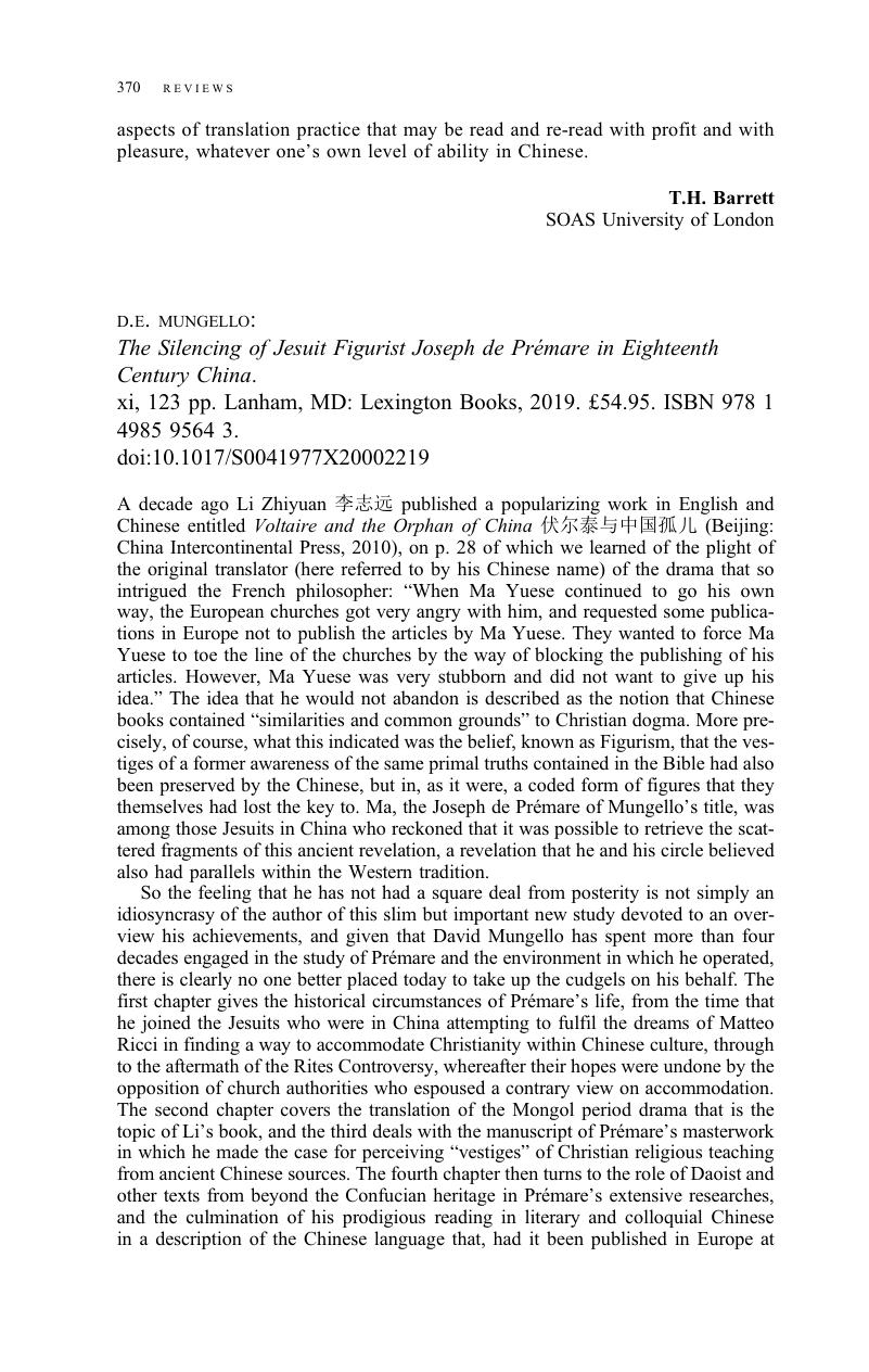 D.E. Mungello: The Silencing of Jesuit Figurist Joseph de Prémare in ...