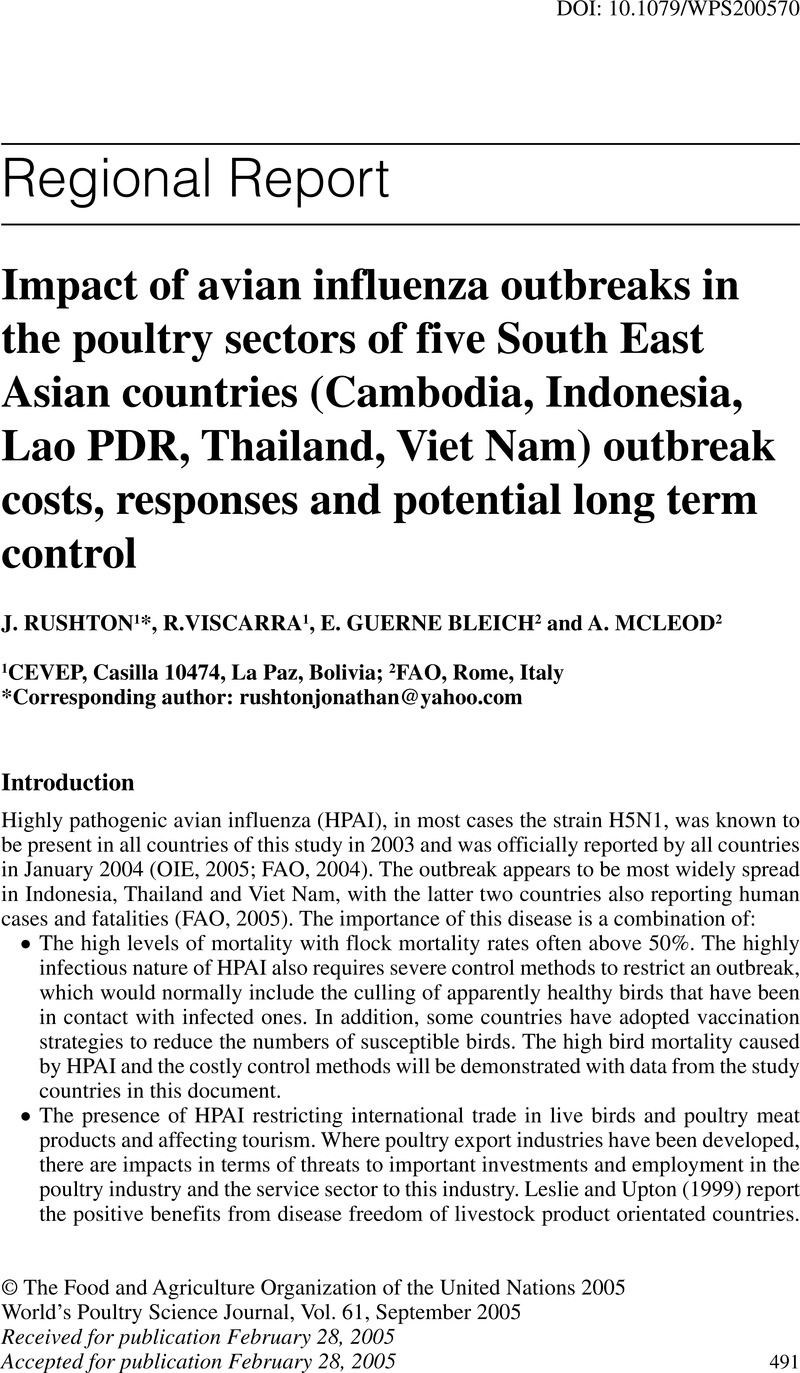 Impact Of Avian Influenza Outbreaks In The Poultry Sectors Of Five ...