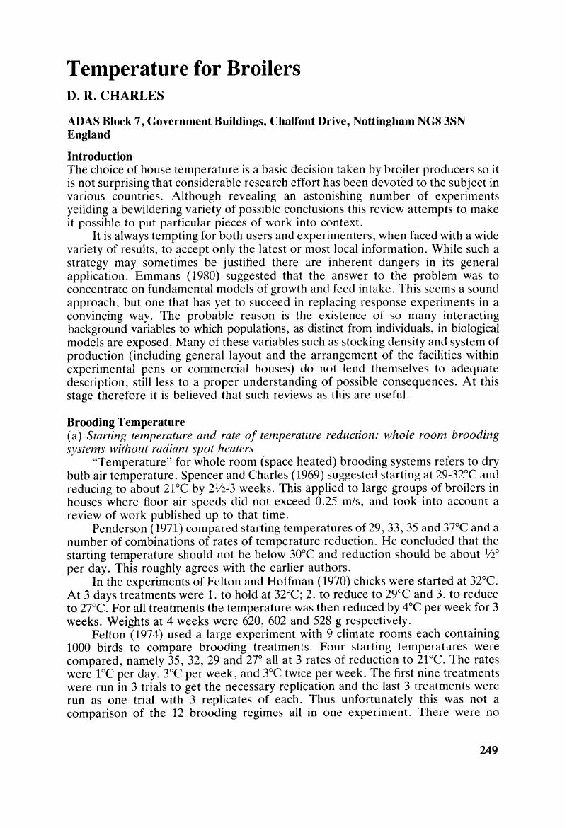 Temperature for Broilers World's Poultry Science Journal Cambridge Core