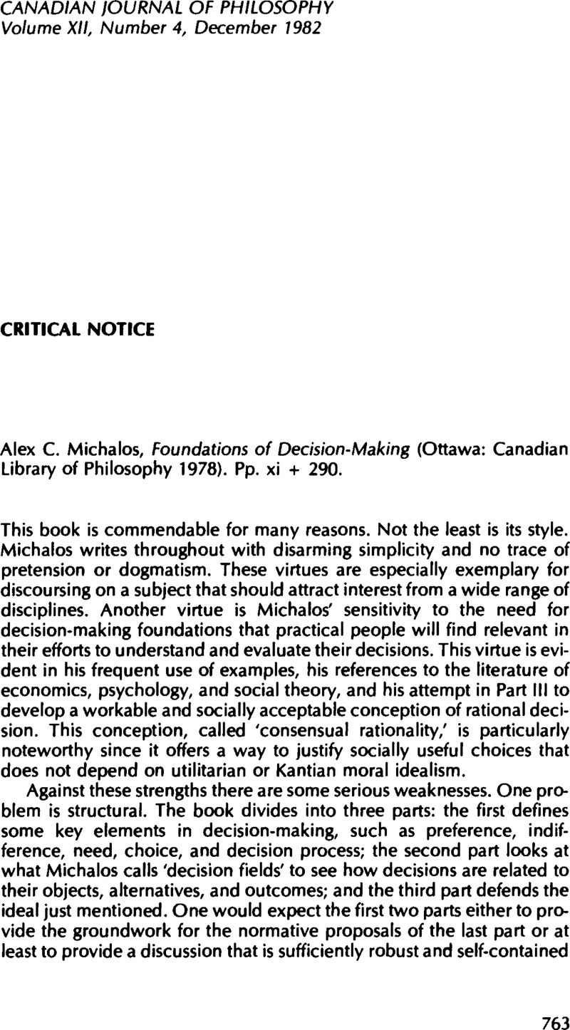 Michalos Alex C. Michalos Foundations of Decision-Making (Ottawa: Canadian ...