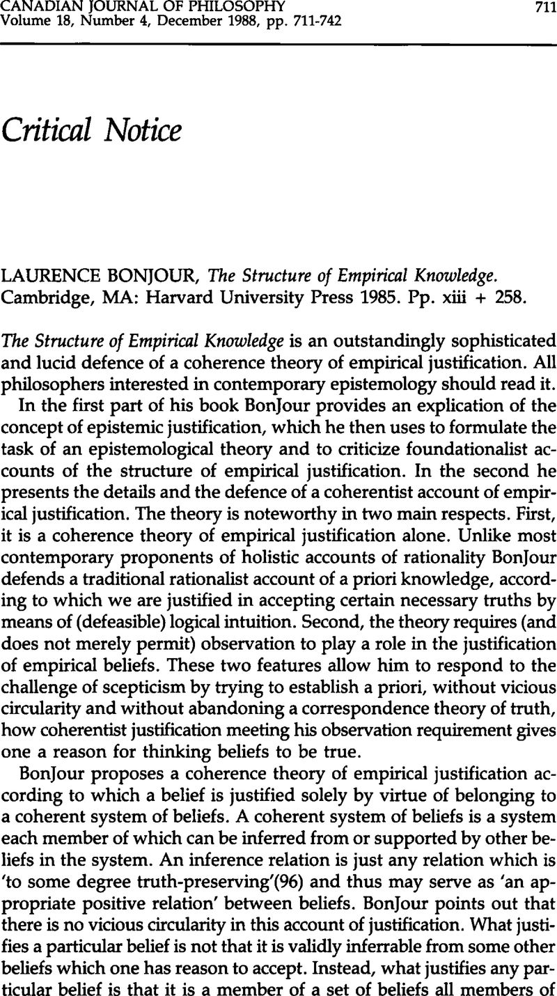 bonjour coherence theory empirical knowledge