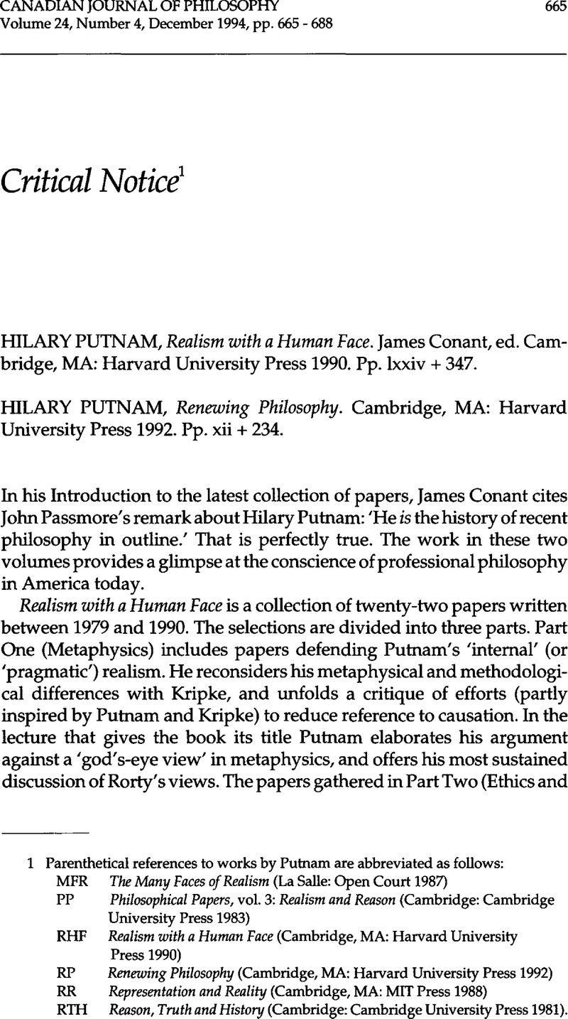 Hilary Putnam Realism With A Human Face James Conant Ed Cambridge Ma Harvard University 