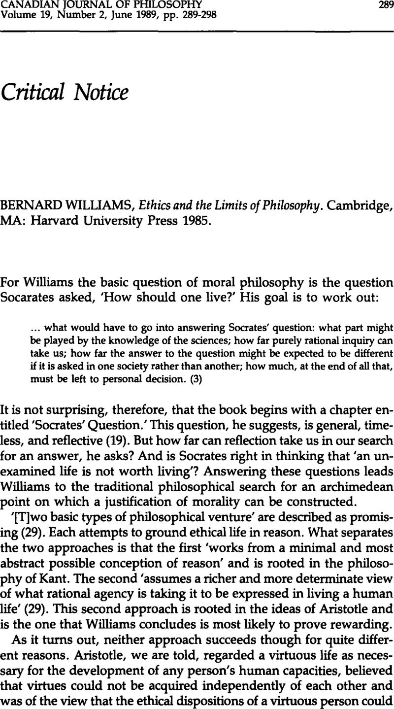 Bernard Williams, Ethics and the Limits of Philosophy. Cambridge, MA ...