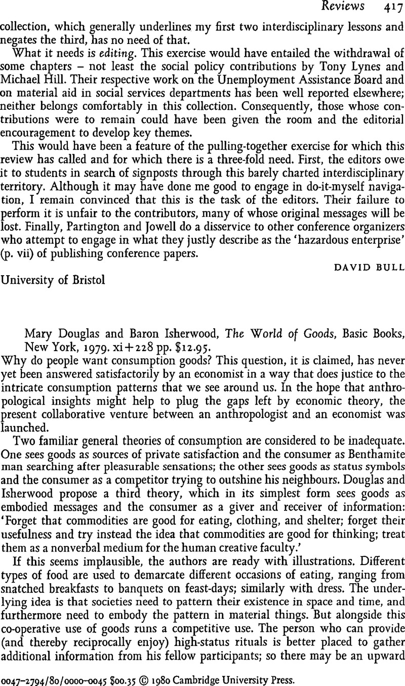 Mary Douglas and Baron Isherwood, The World of Goods, Basic Books, New ...