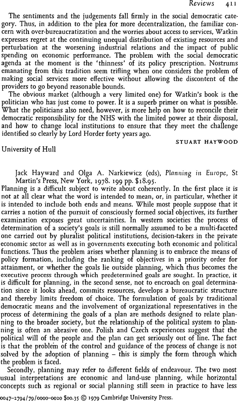 Jack Hayward and Olga A. Narkiewicz (eds), Planning in Europe, St ...