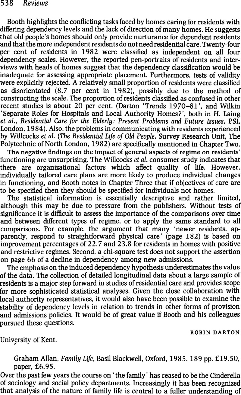 Graham Allan, Family Life, Basil Blackwell, Oxford, 1985. 189 pp. £19. ...